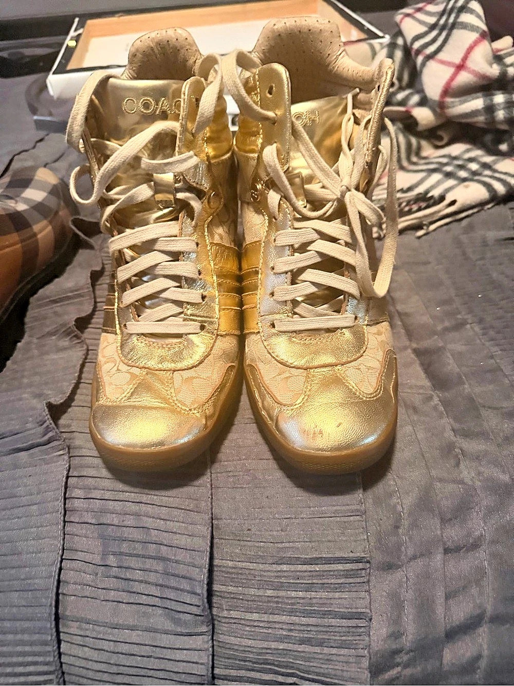 Coach Allegra Gold & Tan Wedge Sneakers US 9 Like New